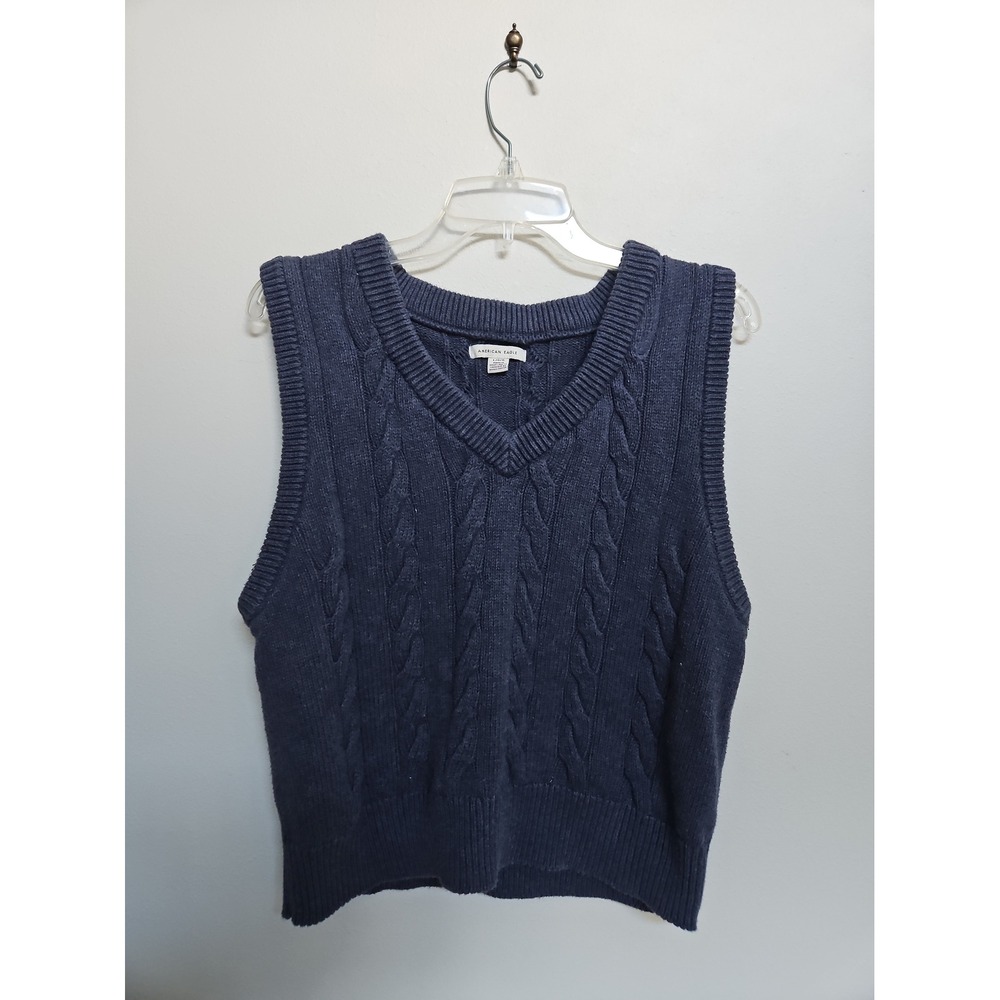 American Eagle Navy Blue Cable Knit V-Neck Sweater Vest Large 100% Cotton